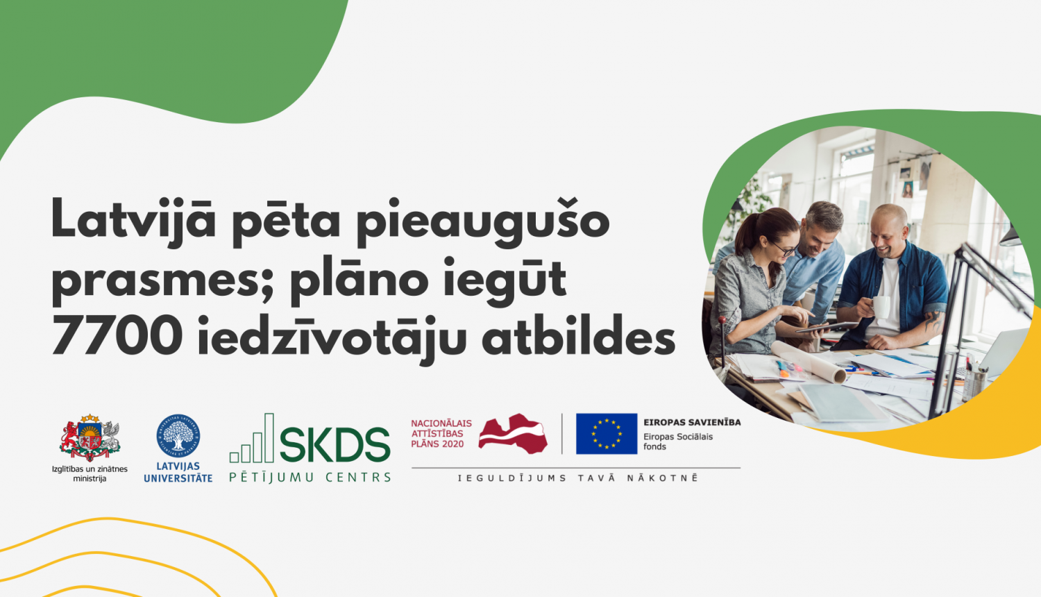 OECD pētījuma plakāts ar tekstu Latvijā pēta pieaugušo prasmes